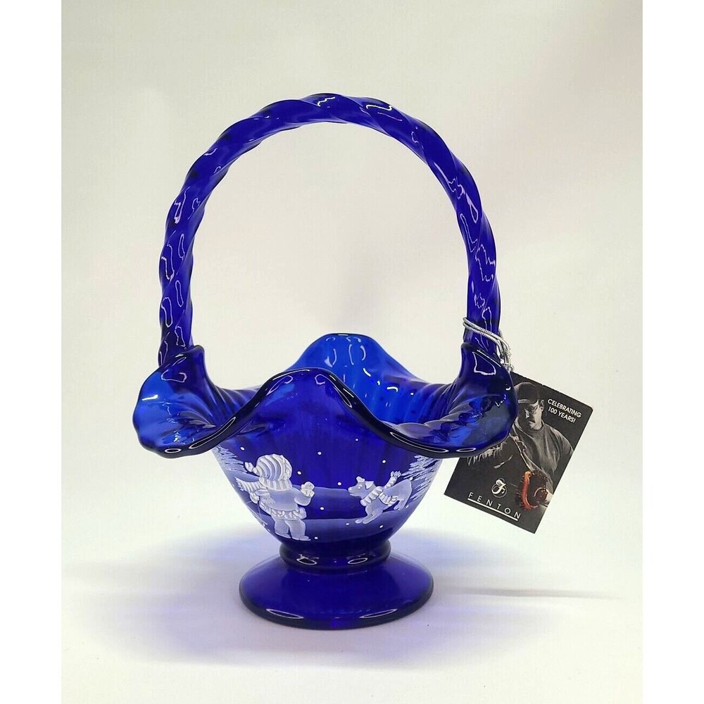 9" NEW Cobalt Blue Glass Fenton Basket Painted Winter Scene 100th Yr Celebration